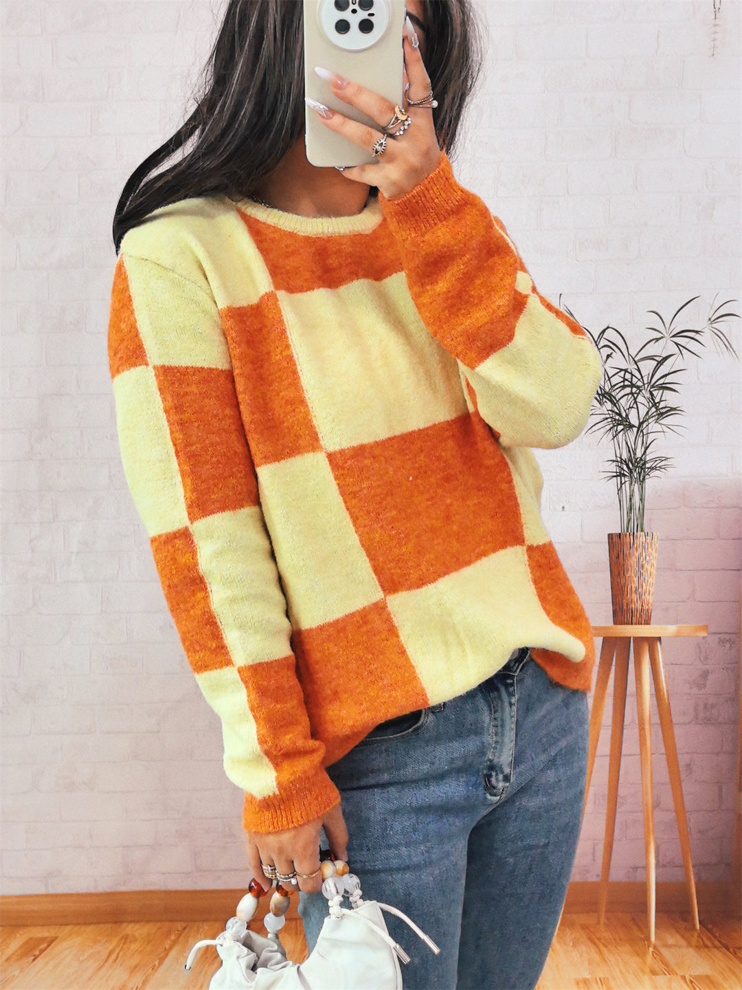 Damen lässiger Pullover mit modernen Karomuster Drune