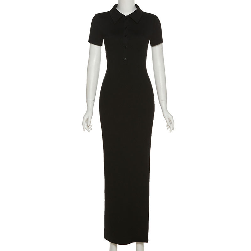 Damen Maxikleid mit kurzem Arm und klassischem Kragen Drune