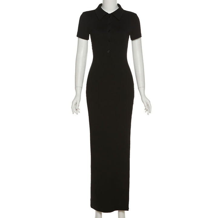 Damen Maxikleid mit kurzem Arm und klassischem Kragen Drune