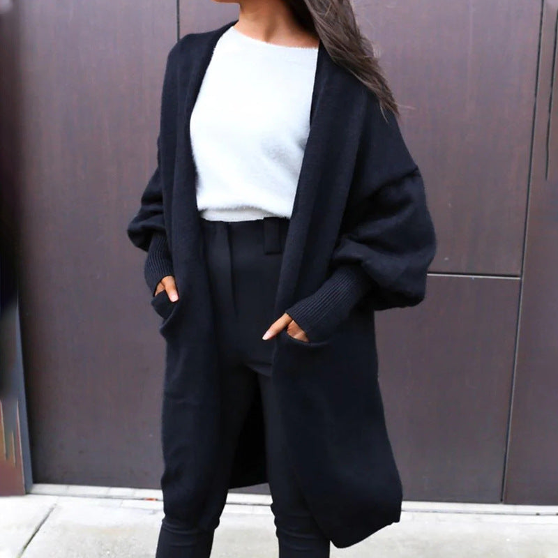 Damen elegante Strickjacke mit voluminösen Ärmeln und praktischen Taschen Drune