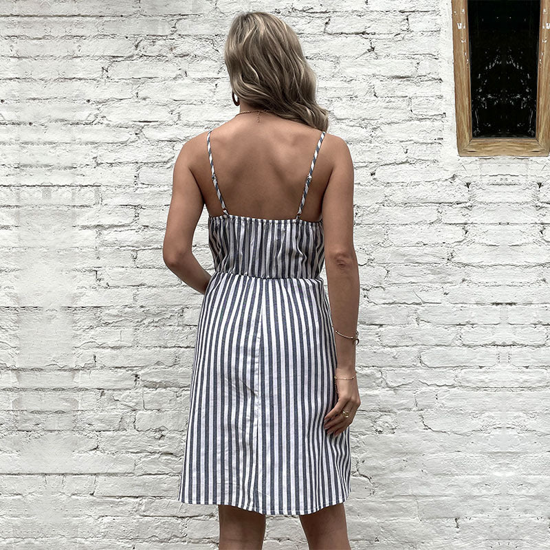 Damen lässiges Strandkleid mit Knopfverschluss und praktischen Taschen Drune