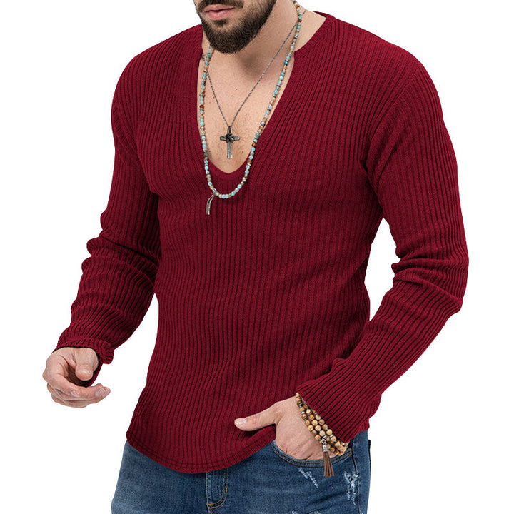 Herren Langarm-Rippenpullover mit tiefem V-Ausschnitt und modernem Schnitt Drune