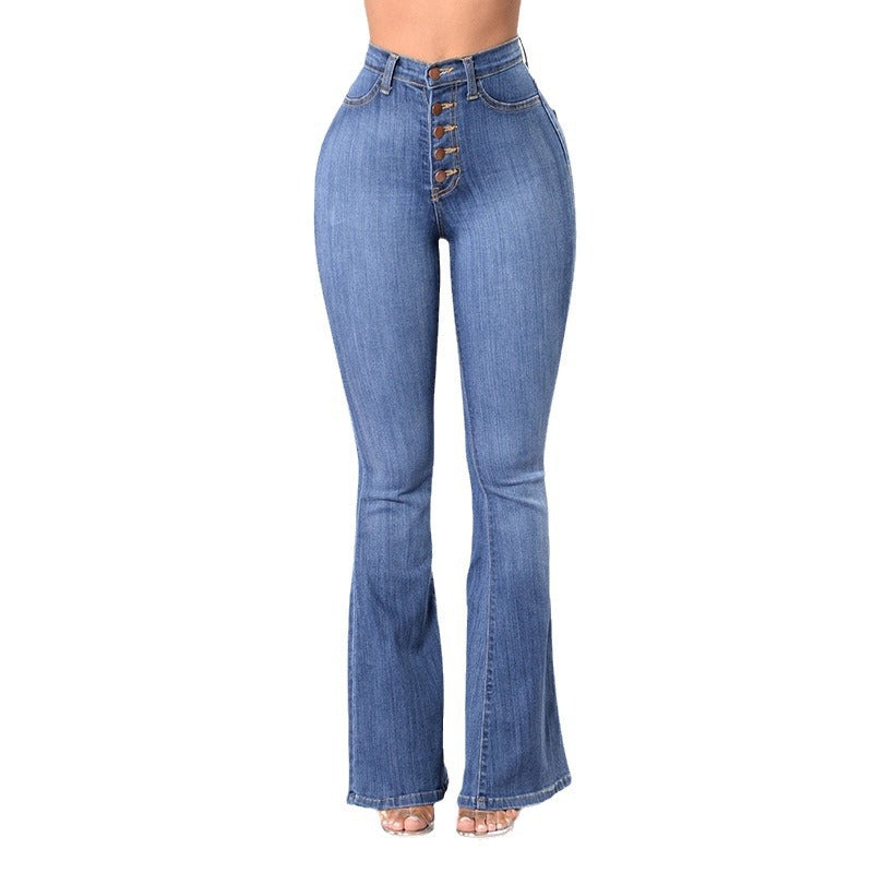 Damen nan Highwaist-Jeans mit ausgestelltem Schlag, taillierter Passform und dekorativer Knopfleiste Drune
