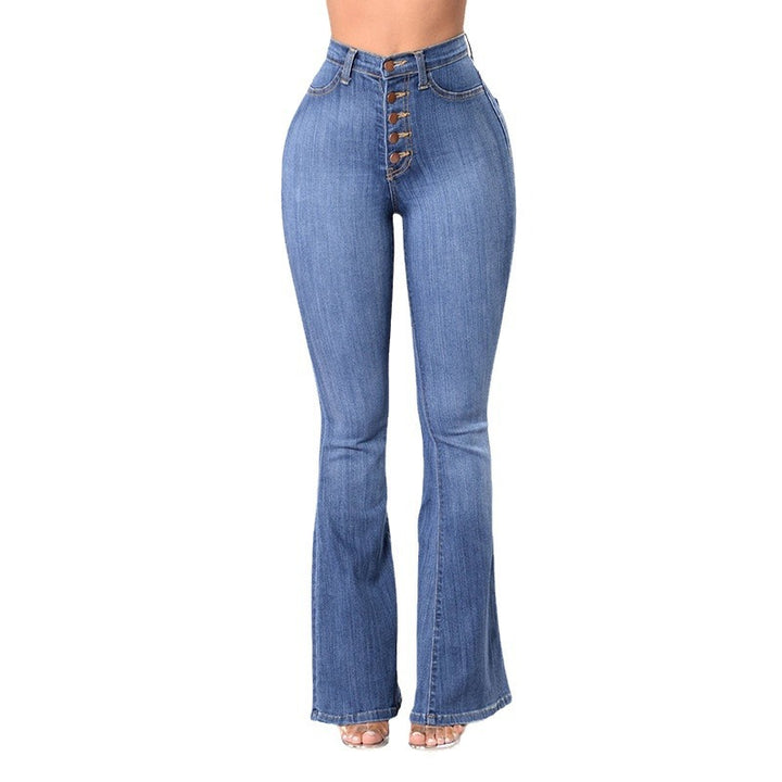 Damen Hohe Taille Flared Jeans mit dekorativen Knöpfen Drune