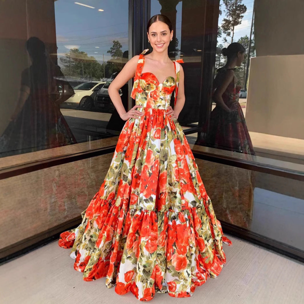 Damen Festliches Maxikleid mit floralen Rüschendetails und schwingendem Rock Drune