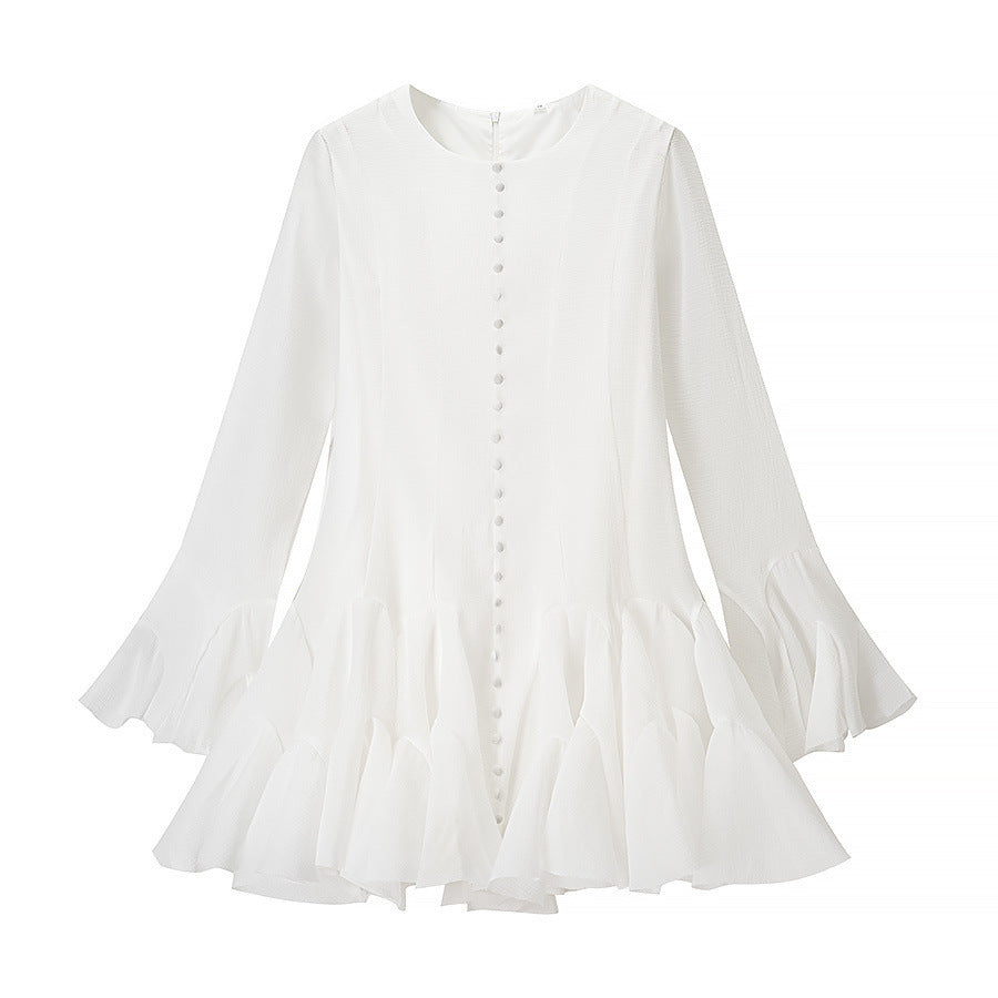 Damen Volantkleid mit langen Ärmeln und Knopfdetail Drune