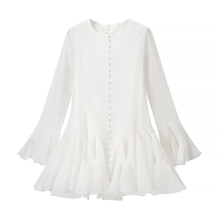 Damen Volantkleid mit langen Ärmeln und Knopfdetail Drune