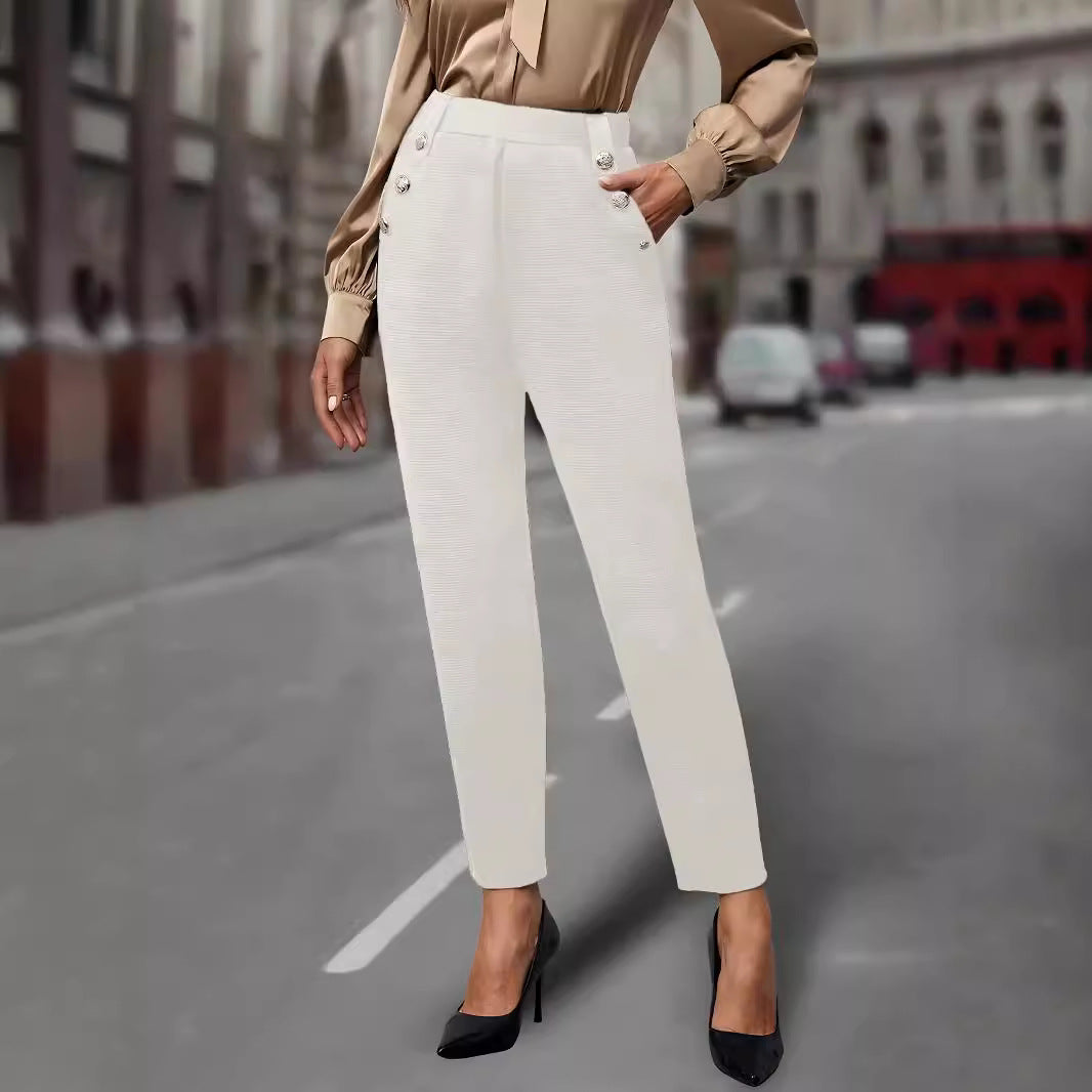 Damen elegante Anzughose mit doppeltem Knopfverschluss und schmalem Bein Drune