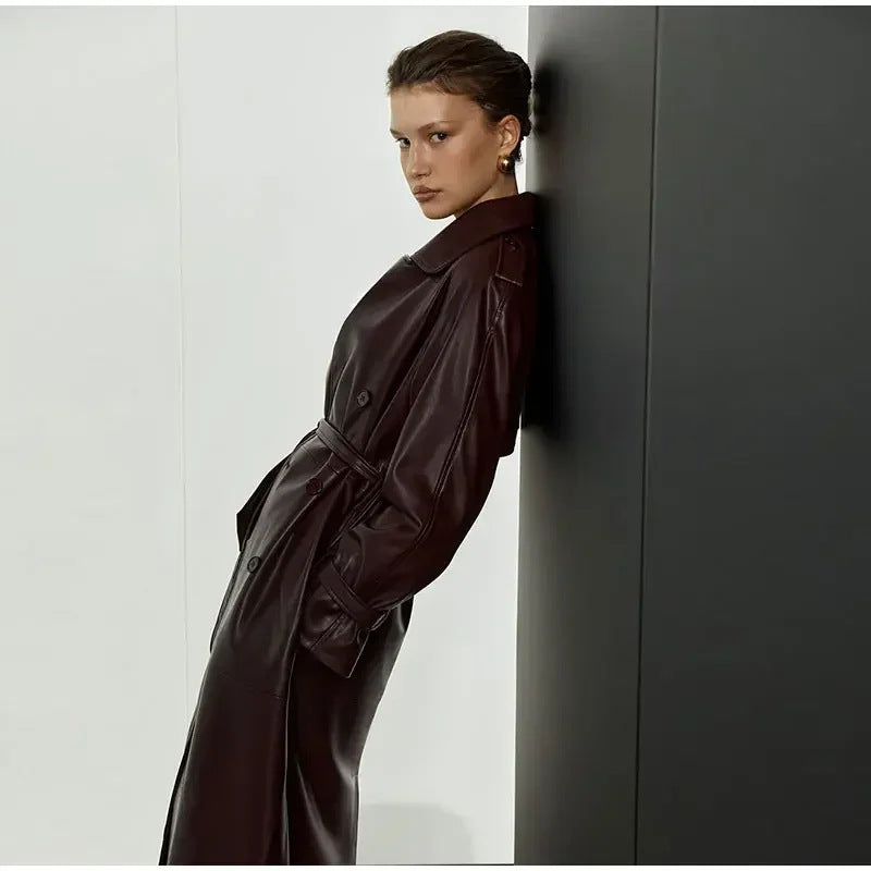 Damen Modischer Kunstleder-Trenchcoat mit Gürtel Drune