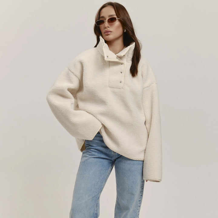 Damen Kuschelige Oversized Fleecejacke mit Stehkragen und Druckknöpfen Drune