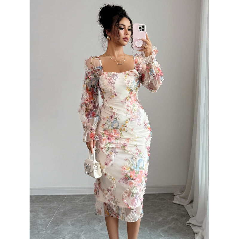 Damen Elegantes Midikleid mit floralen Spitzenärmeln und Rüschendetails Drune
