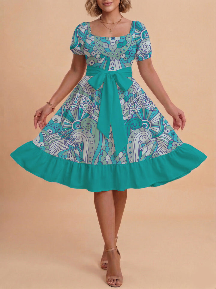 Damen modernes Blumenkleid mit elegantem Taillengürtel und asymmetrischem Saum Drune