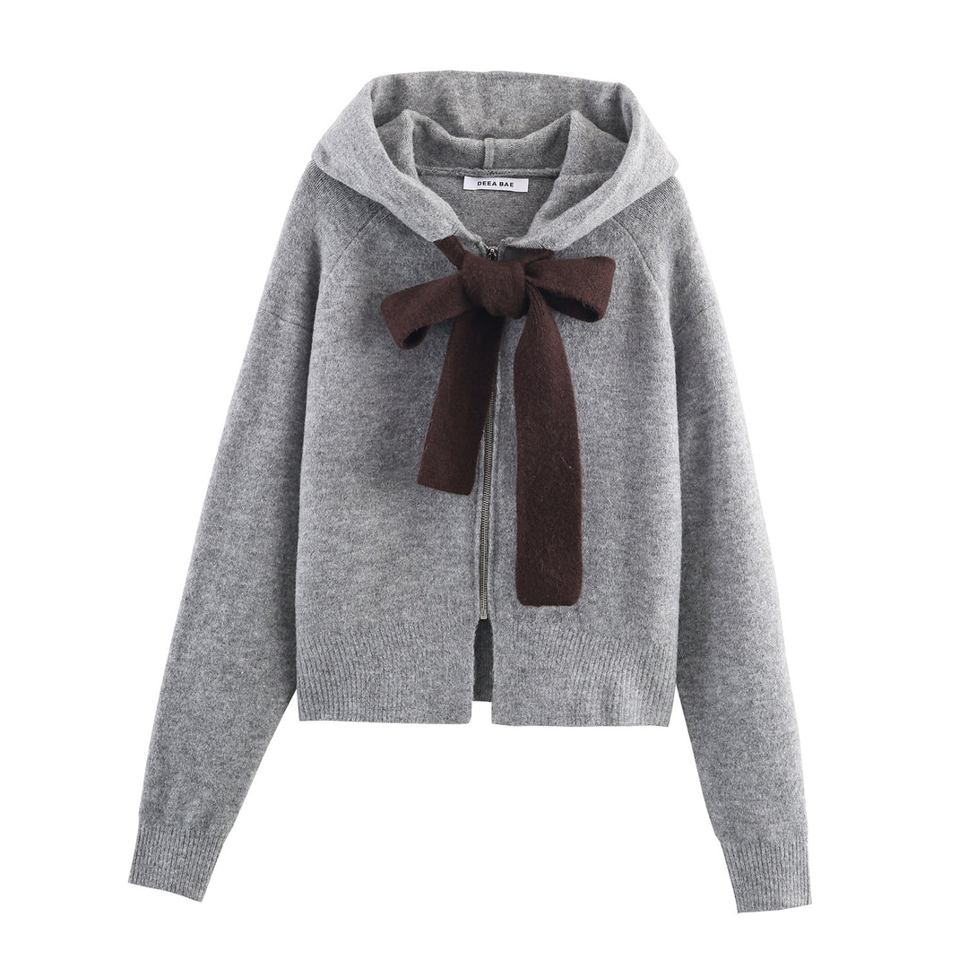 Damen Strickjacke mit Kapuze und dekorativem Schleifenverschluss Drune