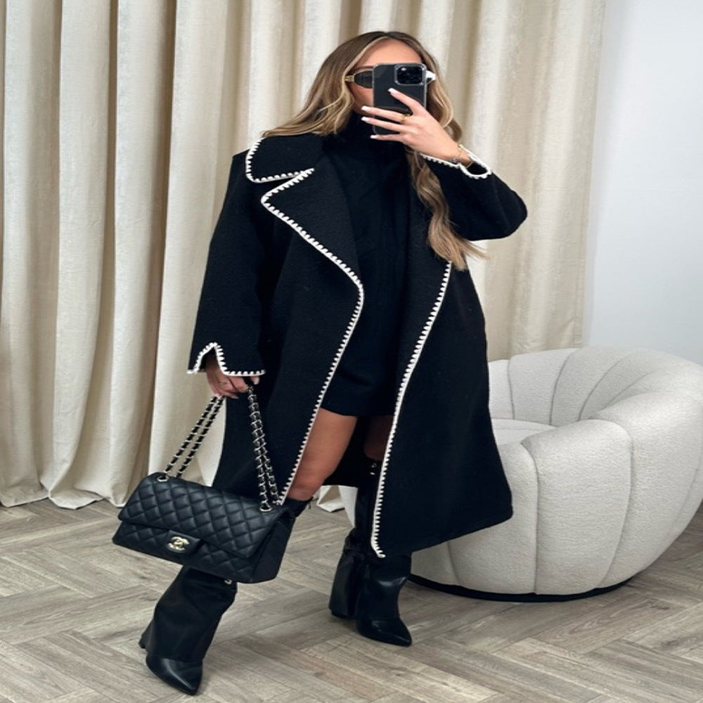 Damen eleganter Mantel mit stilvollem Umschlagkragen und kontrastierenden Ziernähten Drune