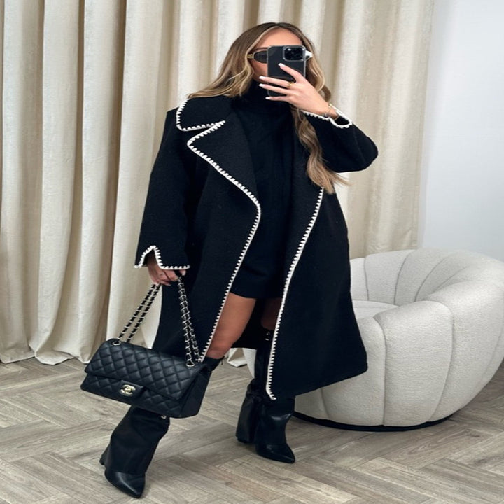 Damen eleganter Mantel mit stilvollem Umschlagkragen und kontrastierenden Ziernähten Drune