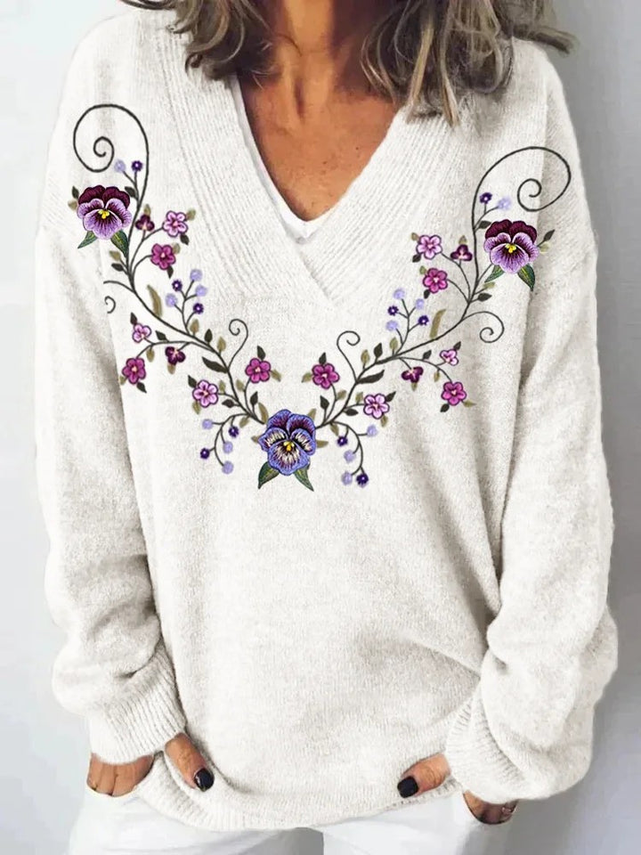 Damen V-Ausschnitt Pullover mit floralem Muster und lässigem Schnitt Drune