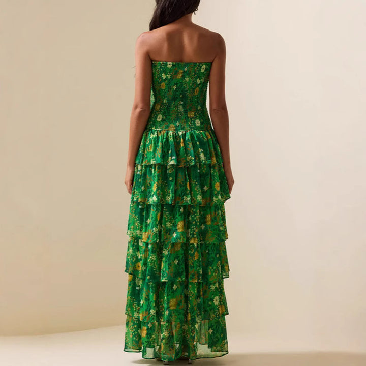 Damen Langärmliges Maxikleid mit voluminösen Rüschen und floralem Design Drune