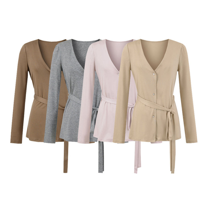 Damen elegante Strickjacke mit Taillengürtel und stilvollen Knopfdetails Drune