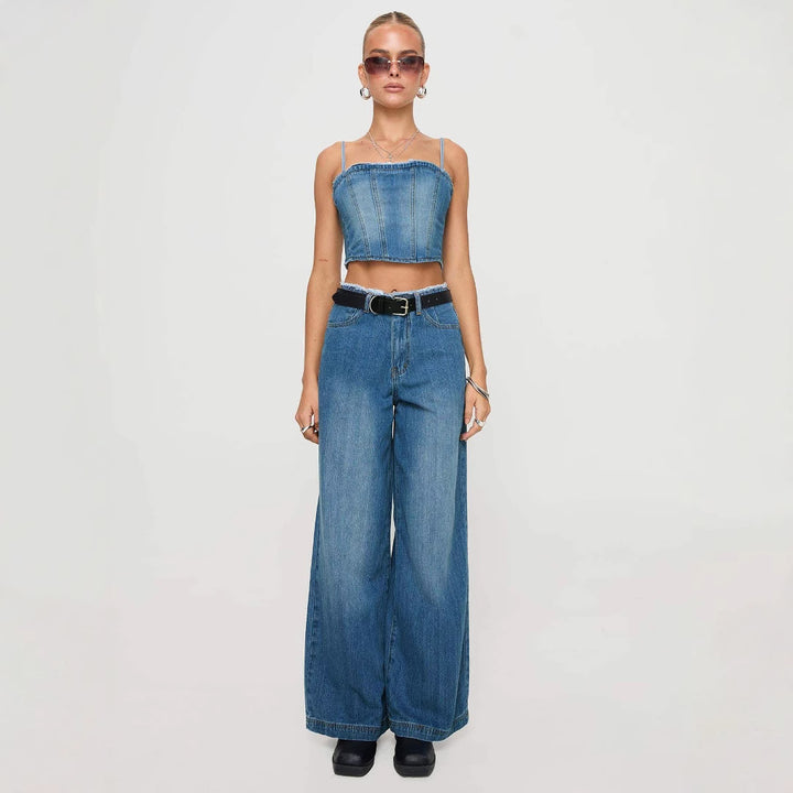 Damen nan hochgeschnittene Weitbein-Jeans mit rohem Bund, extra weitem Bein und Fünf-Taschen-Schnitt Drune
