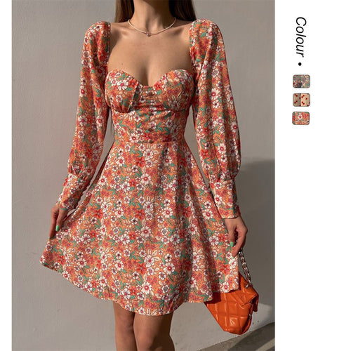Damen Puffärmel Kleid mit romantischem Blumenmuster und herzförmigem Ausschnitt Drune