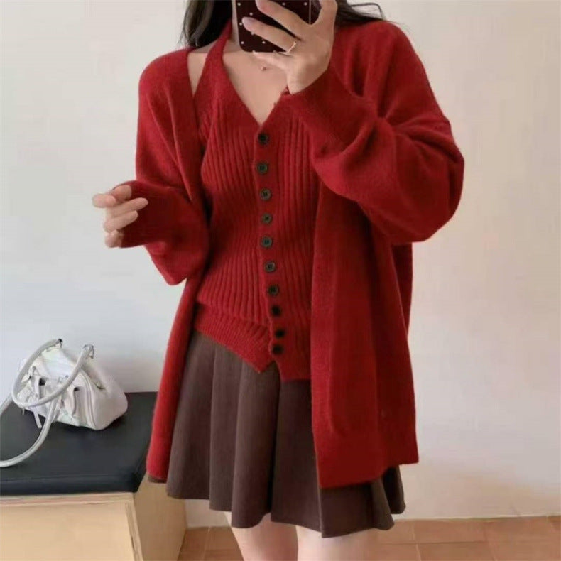 Damen Grobstrickjacke mit abnehmbaren Ärmeln und Knopfdetails Drune