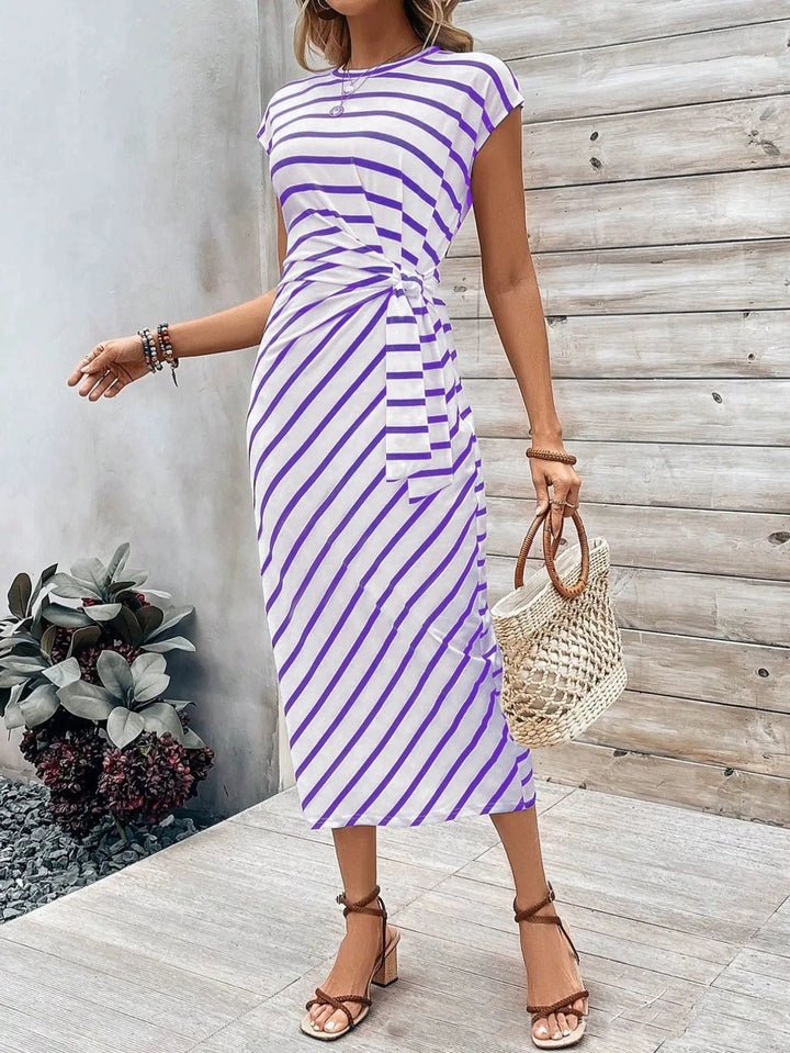Damen Wickelkleid im modernen Streifenlook mit Taillenknoten Drune