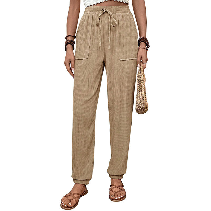 Damen elastische Freizeit-Hose mit seitlichen Taschen und Kordelzug Drune