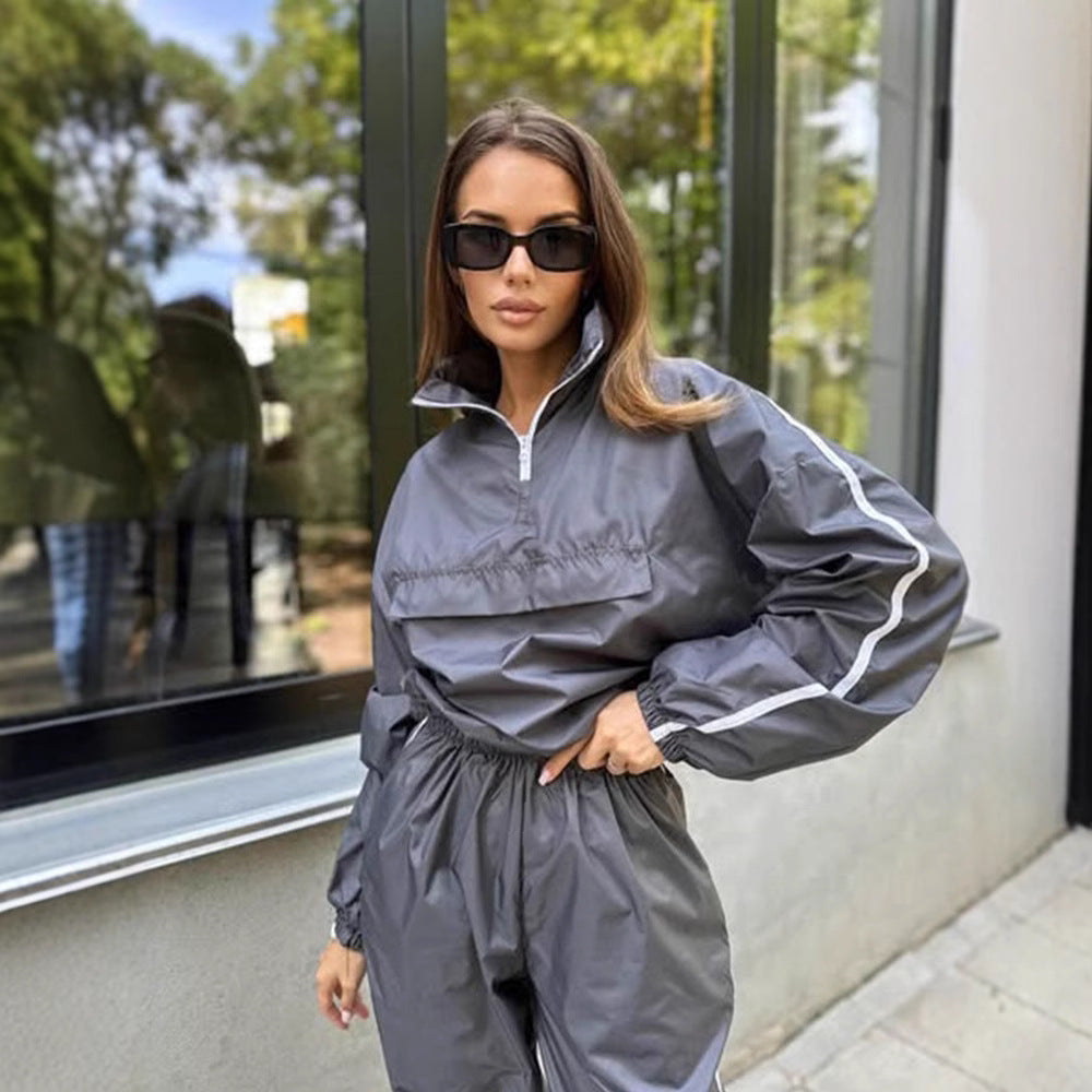 Damen sportlicher Windbreaker-Anzug mit hohem Kragen und elastischem Bund Drune