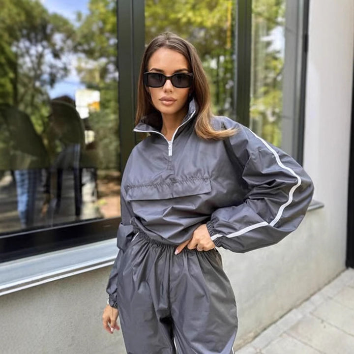 Damen sportlicher Windbreaker-Anzug mit hohem Kragen und elastischem Bund Drune