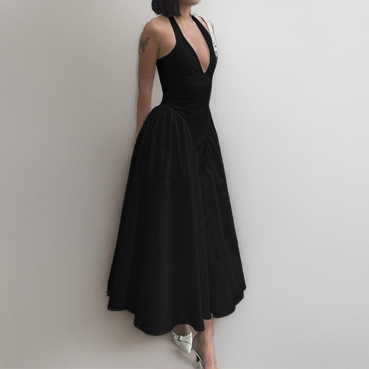 Damen Abendkleid mit tiefem V-Ausschnitt und voluminösem Rock Drune