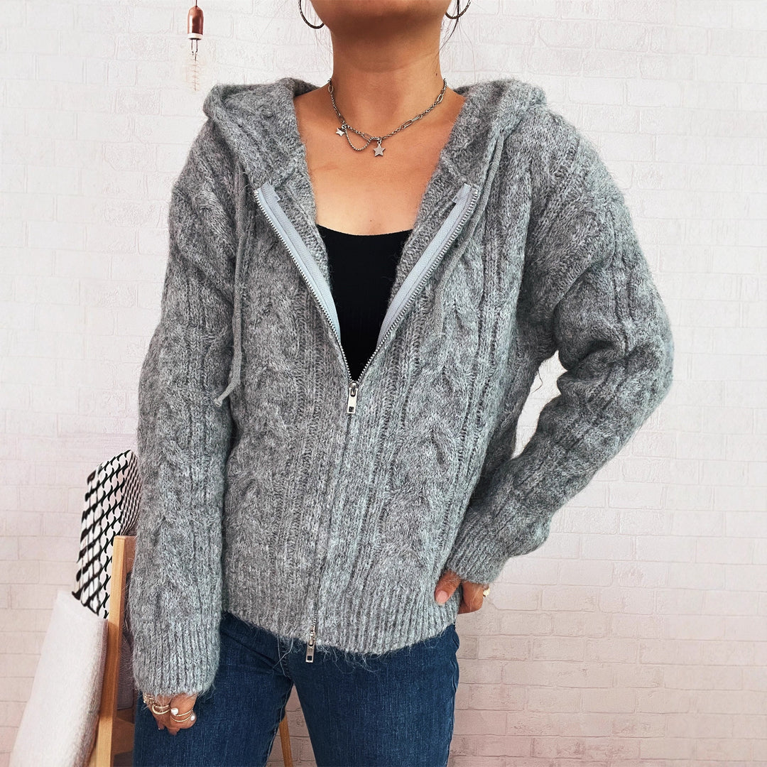 Damen gestreifter Grobstrick-Zip-Hoodie mit Kapuze und weichem Material Drune
