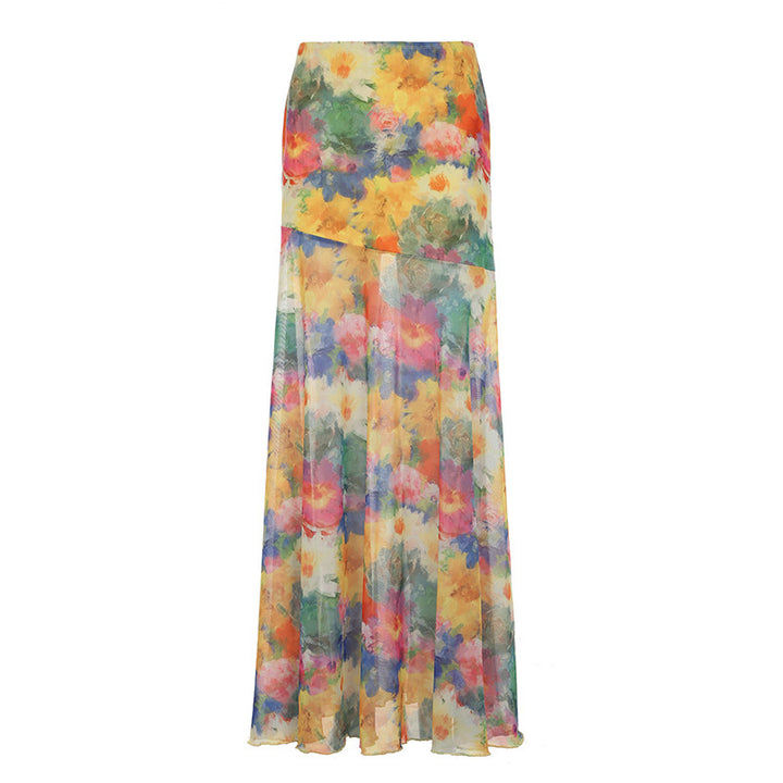 Damen Maxi-Rock mit floralem Chiffon-Design und schwingendem Saum Drune