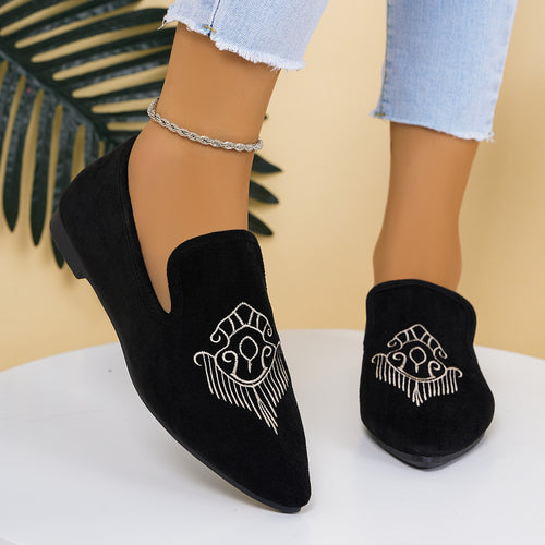 Damen nan bestickte Wildlederoptik-Slipper mit spitzer Leistenform und flacher rutschfester Gummisohle Drune