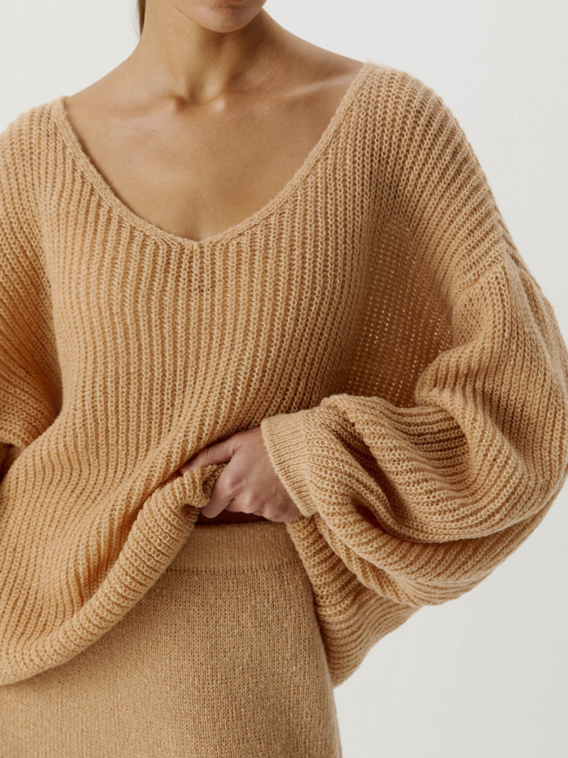 Damen lässiger Strickpullover mit weiten Ärmeln und tiefem V-Ausschnitt Drune