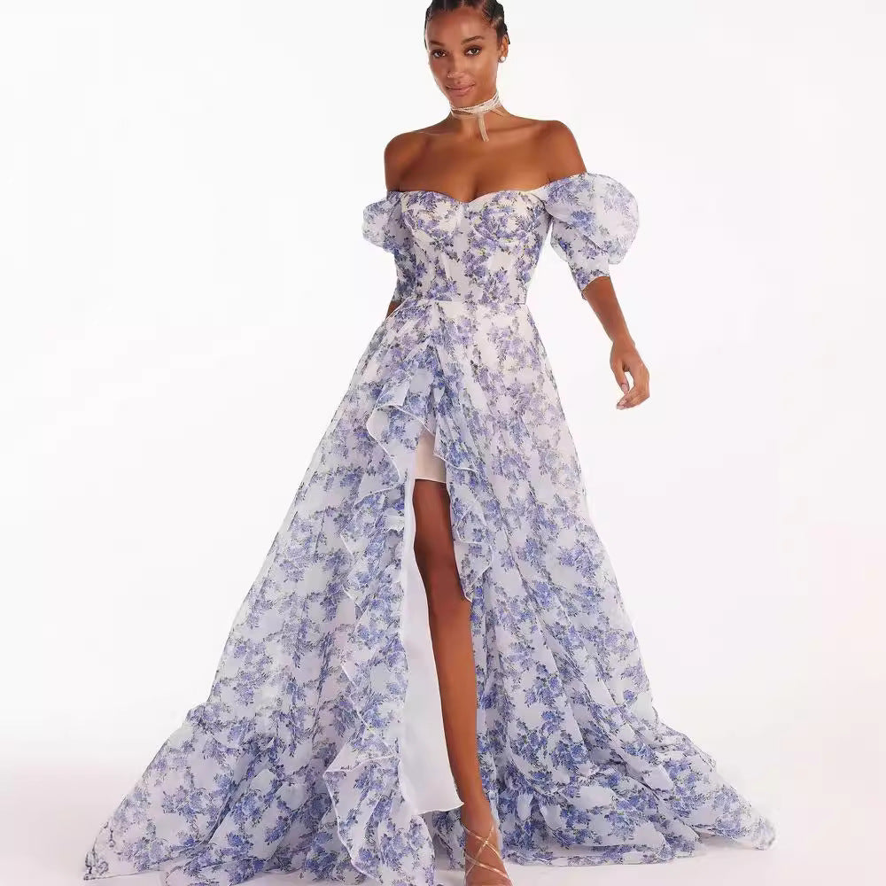 Damen Festliches Maxikleid mit schulterfreiem Design und floralen Rüschendetails Drune