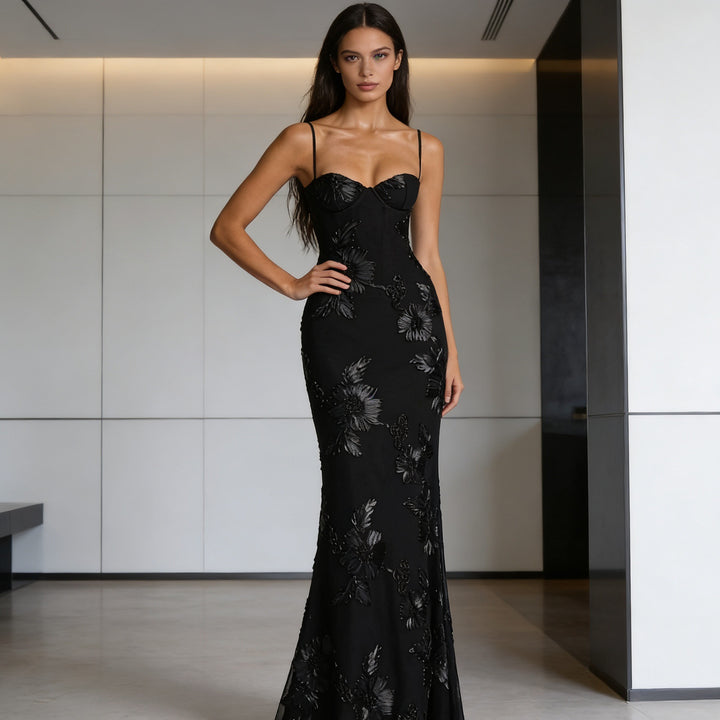 Damen Elegantes Figurbetontes Abendkleid mit floralen Stickereien Drune