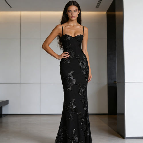 Damen Elegantes Figurbetontes Abendkleid mit floralen Stickereien Drune