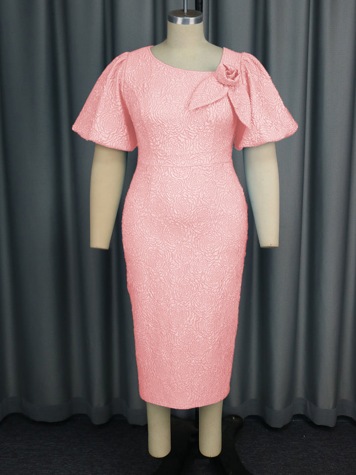 Damen elegantes Etuikleid mit fließenden Puffärmeln und Blumenapplikation Drune