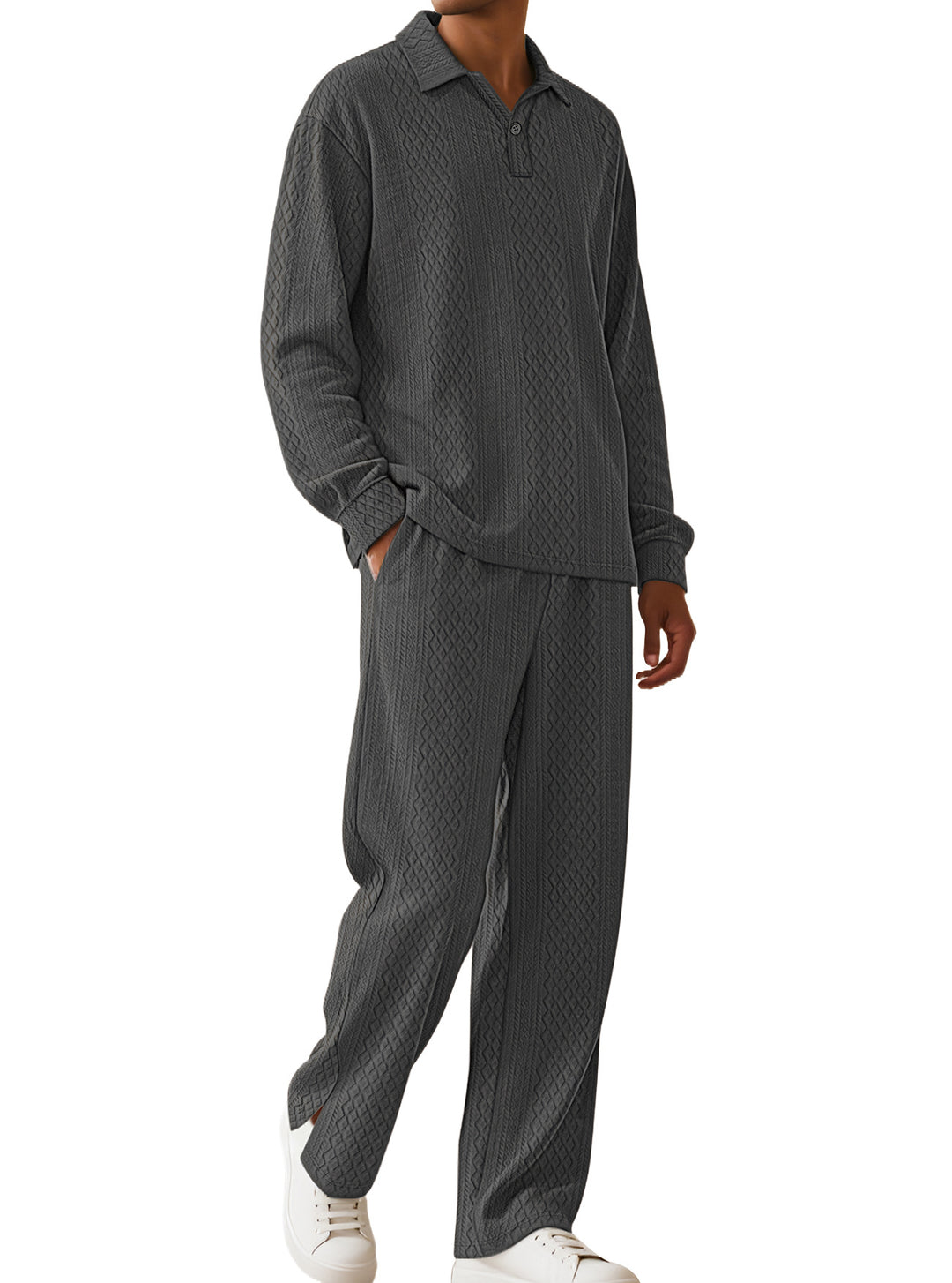 Herren nan Jacquard-Strickset mit Polokragen, legerer Passform und gerader Hose Drune