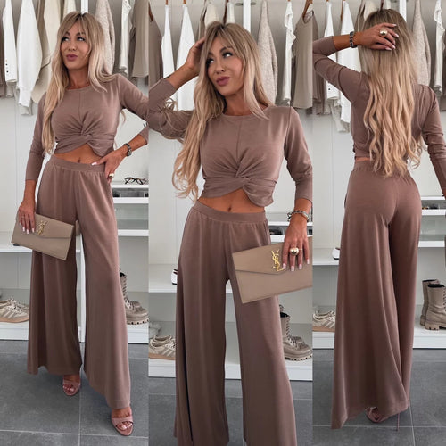 Damen modisches und elegantes Freizeit-Set mit lässigem Cropped-Oberteil und weiten Hosen Drune