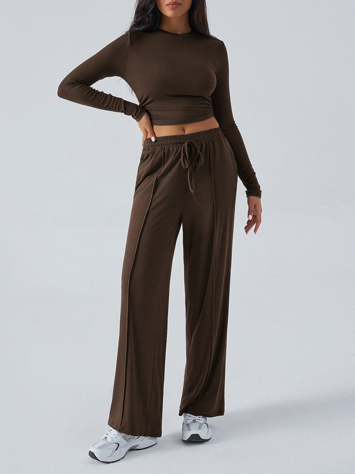 Damen lässiges Lounge-Set mit langärmligem Crop-Top und weitem Bund Drune