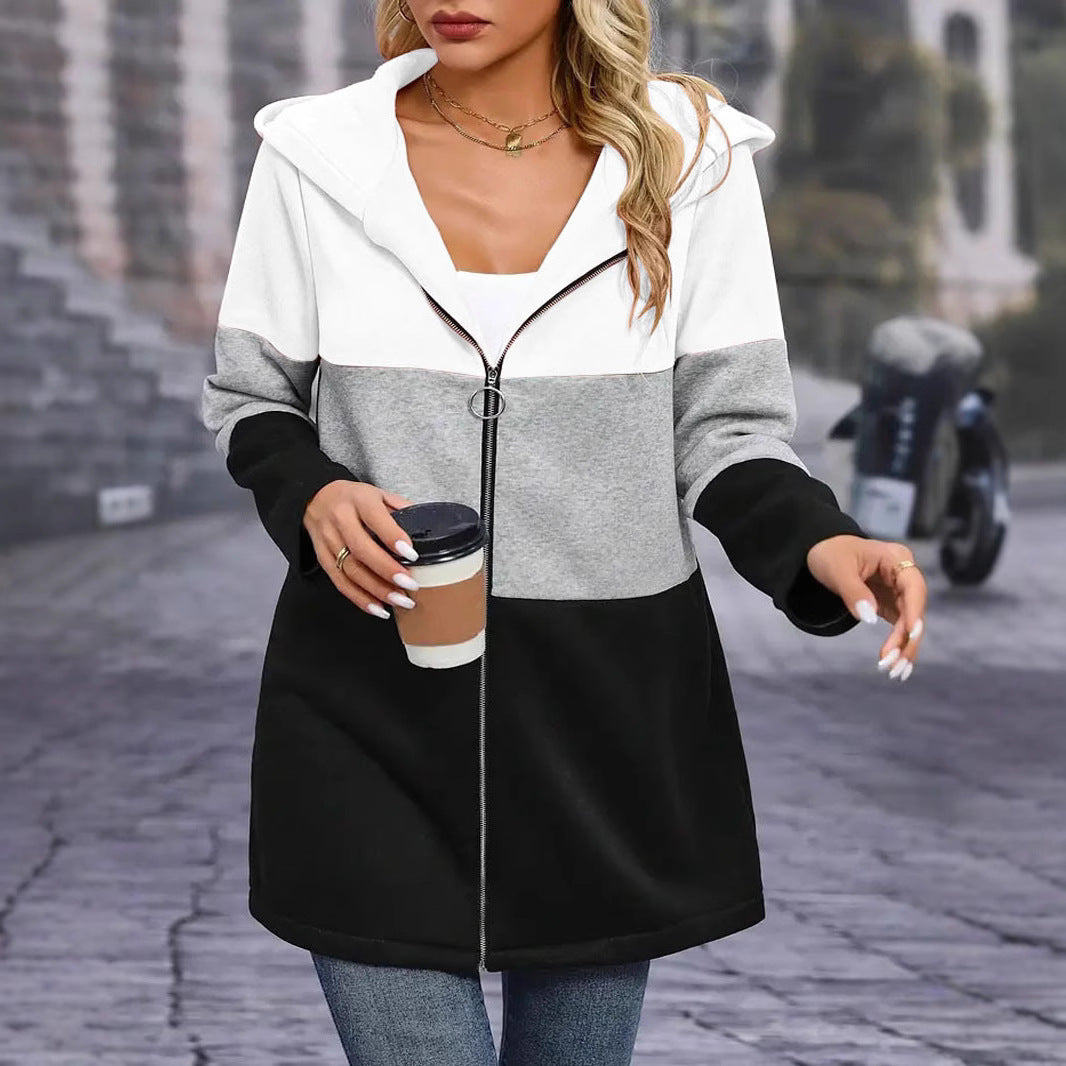 Damen modische Longjacke mit Kapuze und Farbblockdesign Drune