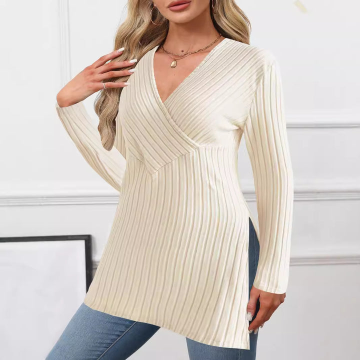 Damen Longpullover mit modernem Wickeldesign und eleganter Rippstruktur Drune