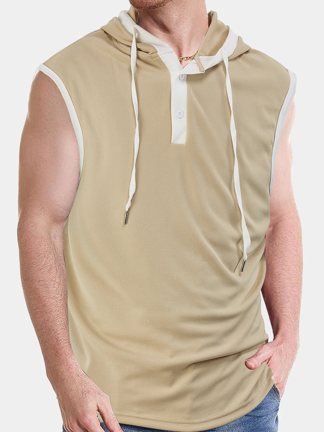 Herren nan ärmelloses Kapuzenpoloshirt mit Meshstruktur und Henley-Knopfleiste Drune