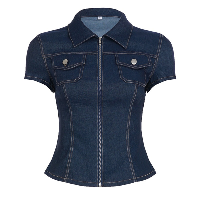Damen Kurzarm Denim-Bluse mit modischer Zip-Detailierung und Brusttaschen Drune