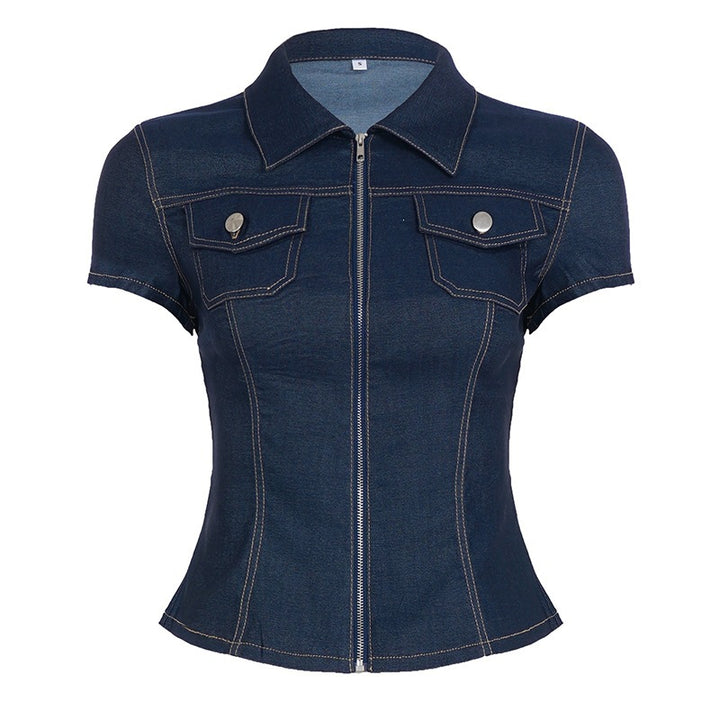 Damen Kurzarm Denim-Bluse mit modischer Zip-Detailierung und Brusttaschen Drune