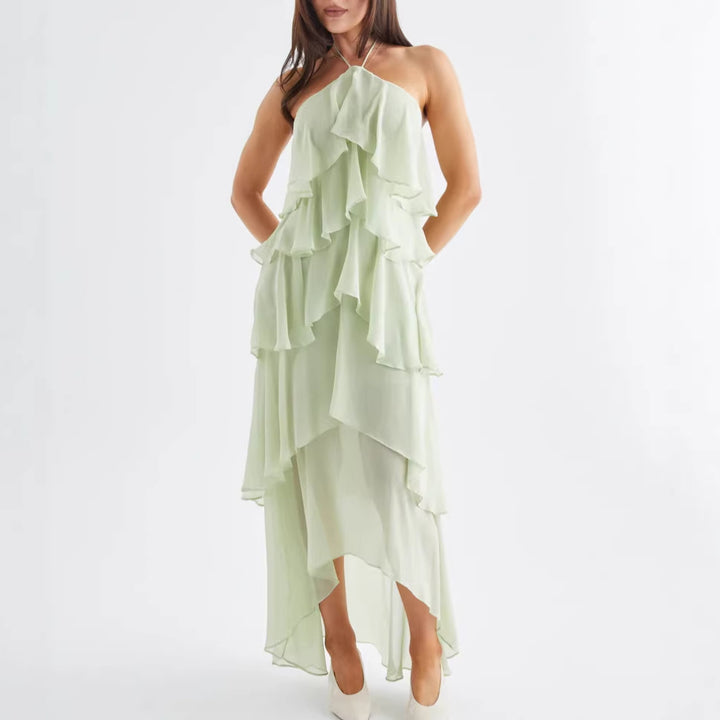 Damen Luftiges Chiffon-Maxikleid mit Rüschendetails und elegantem Halterneck Drune