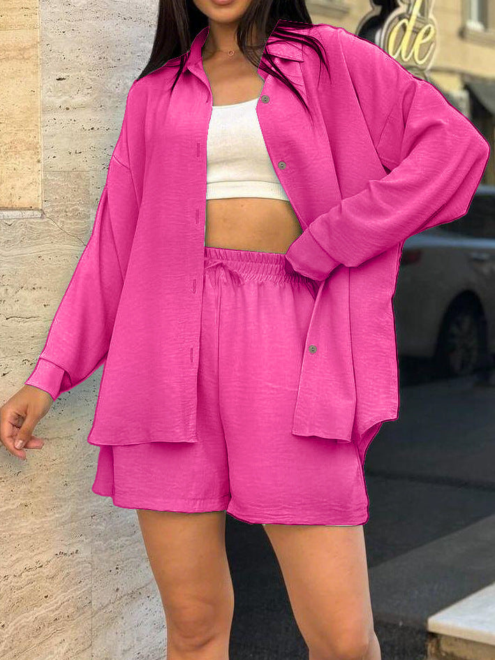 Damen lässiger Overshirt-Set mit elastischem Bund und weit geschnittenen Shorts Drune