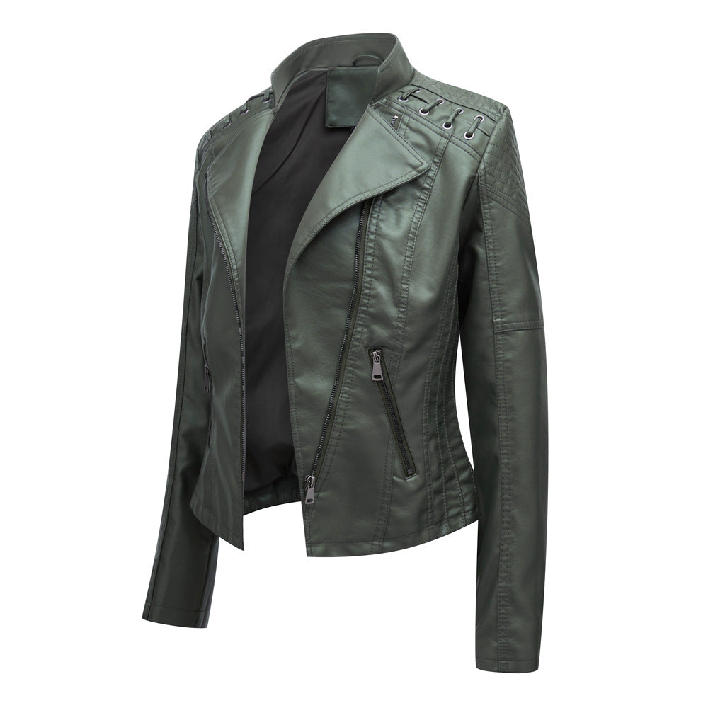 Damen nan taillierte Kunstleder-Bikerjacke mit gesteppter Schulterpartie, asymmetrischem Reißverschluss und Zierösen Drune