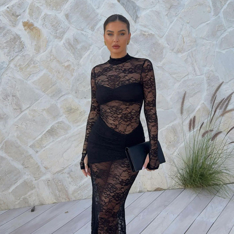 Damen Spitzenmaxikleid mit transparentem Langarmdesign und figurformendem Schnitt Drune